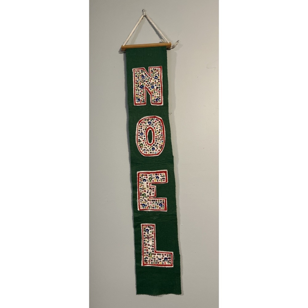 Vintage Felt Sequin Noel Christmas Door Wall Hanging Green White Red